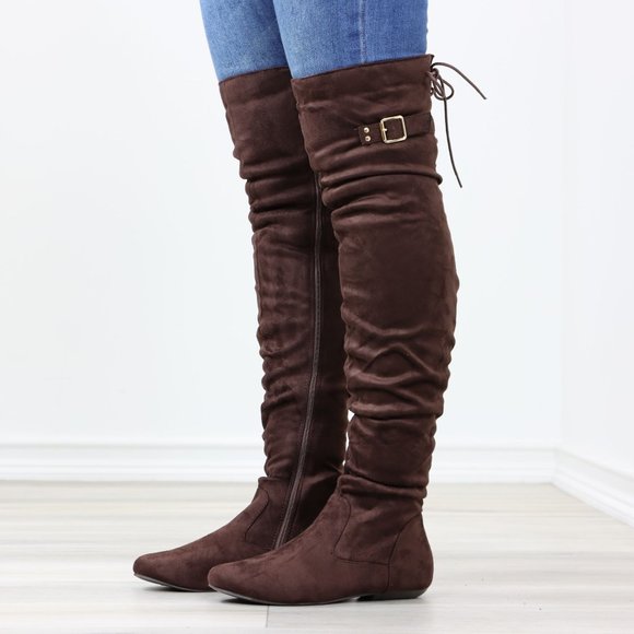 Brown Thigh High Over The Knee Flat Boots Faux Suede Laced Back - Picture 12 of 14